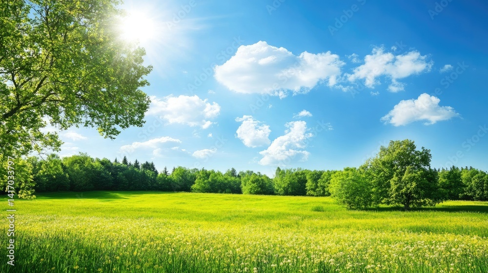 Obraz premium A illustrator nature serene landscape background with a winding path through lush green hills, dotted with wildflowers, under a dramatic sky, capturing nature's tranquil beauty and inviting adventure