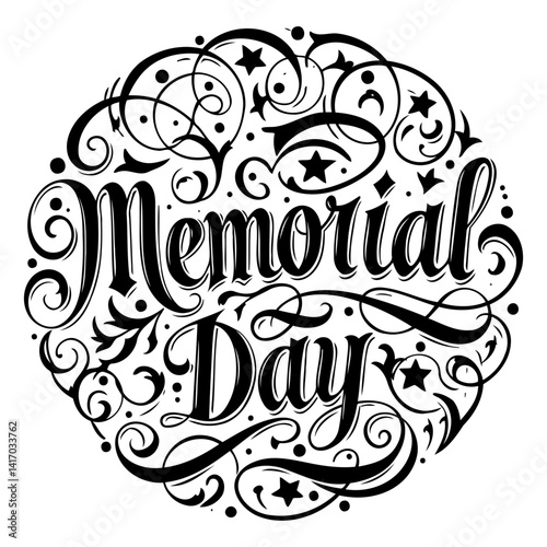 Ornate, black and white calligraphy design of "Memorial Day."  Suitable for marketing or editorial use, especially for publications or social media posts related to the holiday.