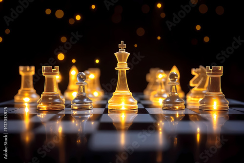 Strategic Kings and Queens: Chess pieces illuminated on a checkered board against a dark background, symbolizing strategy, intellect, and the thrill of the game. 