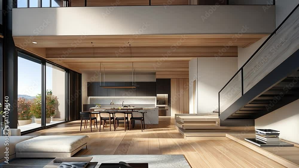 Modern luxury home interior with open plan, wood accents, and natural ...