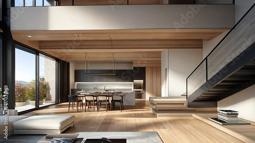 Modern luxury home interior with open plan, wood accents, and natural light