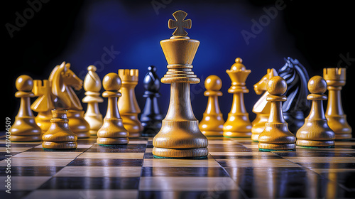 Chessboard Strategy: A chessboard showcases a strategic battle with the king piece front and center, symbolizing leadership and decision-making in a high-stakes game.
