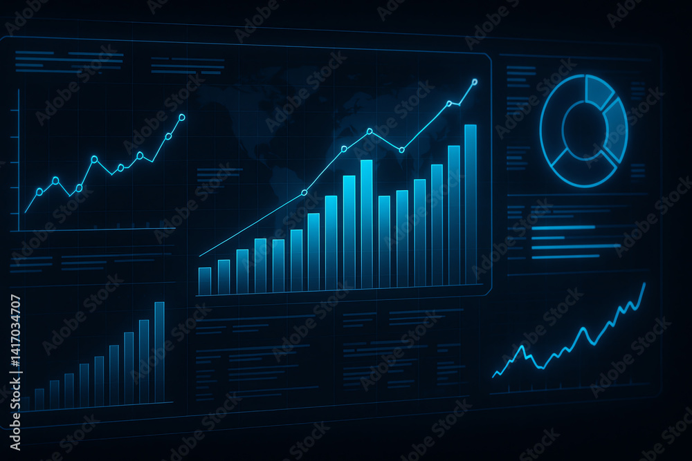 Naklejka premium A sleek, modern digital dashboard displaying various data metrics, including graphs and pie charts. This futuristic interface represents advanced analytics for business insights.