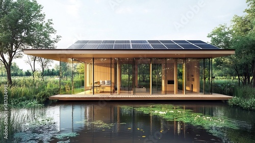 Modern greenhouse surrounded by solar panels in eco-friendly garden