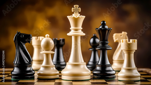 Chess Game Setup: A dramatic close-up shot of a chessboard displaying the initial setup of a chess game, ready for the battle of wits.  The pieces are sharply defined against a blurred.