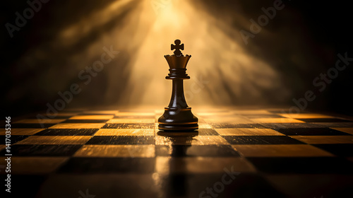 Chess King's Sole Authority: A single chess king piece stands prominently on the checkered board, under dramatic spotlights. It exudes power, authority, and strategy.