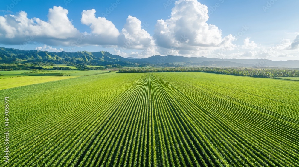 Fototapeta premium Aerial view of lush sugarcane field in rural countryside, organized in neat rows ready for harvest