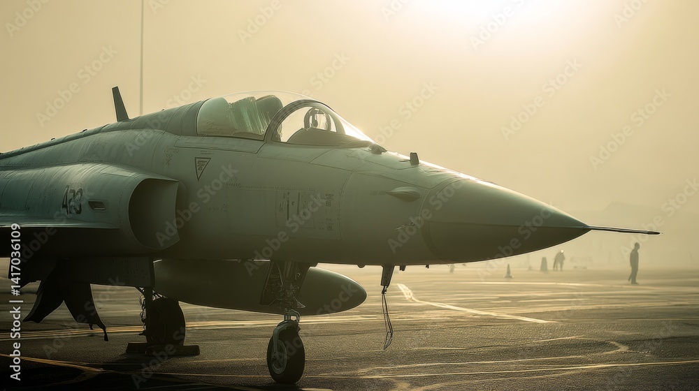 A jet fighter rests on a misty runway at dawn, silhouetted by an intense sunrise. A jet fighter rests on a misty runway at dawn, silhouetted by an intense sunrise.