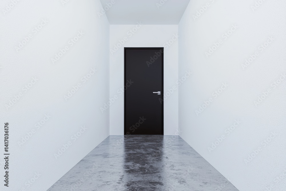 Stark hallway with a dark door and white walls, reflecting on a polished concrete floor Stark hallway with a dark door and white walls, reflecting on a polished concrete floor