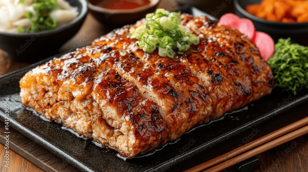 Grilled, glazed, sliced, Asian-style dish. Aromatic, savory, and slightly sweet. Served on a dark plate with side dishes Grilled, glazed, sliced, Asian-style dish. Aromatic, savory, and slightly sweet. Served on a dark plate with side dishes