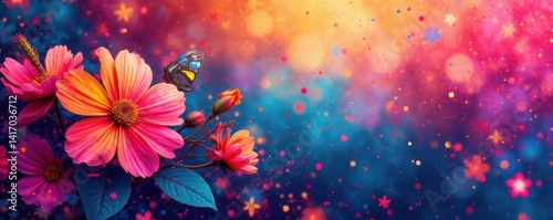 Colorful halftone dots on a bright floral background, halftone, pop art