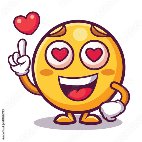 Cute, loving cartoon emoji pointing, with hearts in its eyes