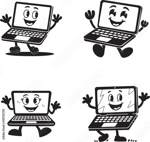 Collection Of Happy Cartoon Laptop Characters Waving In Black And White Style