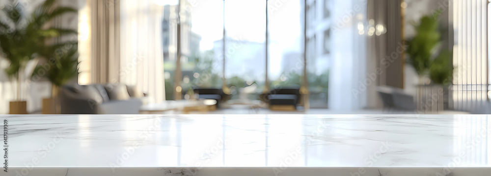 Fototapeta premium Marble Tabletop with City View: Luxurious marble tabletop with a blurred city view in the background, showcasing a modern and sophisticated interior design. 