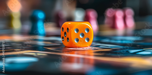 Orange Dice on Board Game: A close-up shot of a vibrant orange six-sided die resting on a board game, the blurred background hinting at a lively game in progress.