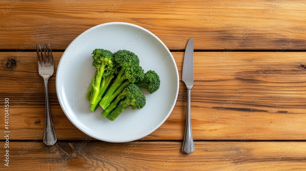 Broccoli served on white plate with utensils on each side, ideal for vegetarian menu shots Broccoli served on white plate with utensils on each side, ideal for vegetarian menu shots