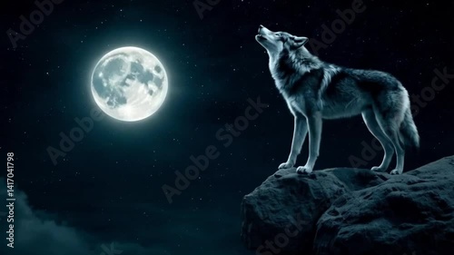 A wolf howls at the moon in the night sky.  Smooth repeating motion for background video animation