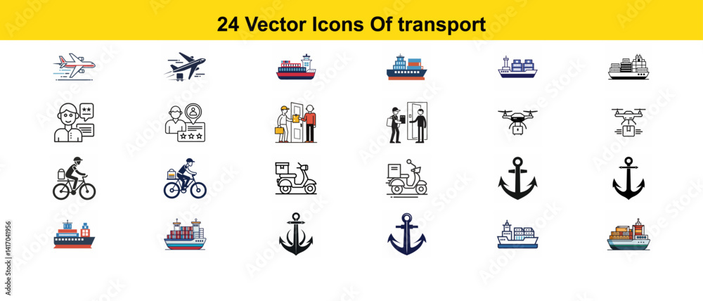 vector icons related to transport, featuring various modes like airplanes, ships, bicycles, scooters, and delivery services, ideal for transportation and logistics designs