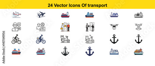  vector icons related to transport, featuring various modes like airplanes, ships, bicycles, scooters, and delivery services, ideal for transportation and logistics designs