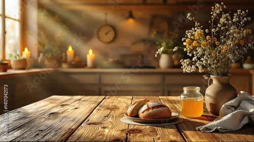 A rustic wooden table set for breakfast with bread, jam, honey, and flowers in a vase.