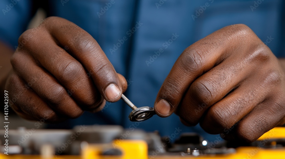 Hands of a technician assembling a component with precision in a workshop setting with tools and machinery visible Hands of a technician assembling a component with precision in a workshop setting with tools and machinery visible