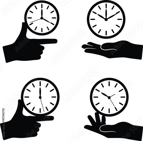 Hand-Drawn Clock on Hand Silhouette | Sketch Time Concept Art Sketch Clock in Hand Silhouette Set | Minimalist Time Illustration