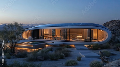 Futuristic off-grid desert retreat featuring self-sustaining solar panels and modern energy-efficient design 