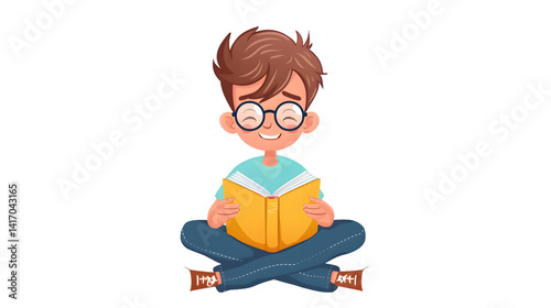Educational illustration of a joyful young student engrossed in reading a book