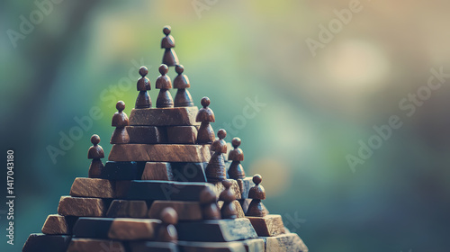 Chess Piece Pinnacle: A conceptual image of chess pieces arranged in a hierarchical pyramid formation, with the top piece standing tall, symbolizing leadership and strategic thinking. photo