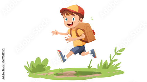 Illustration of a Kid Boy Student Running with Children