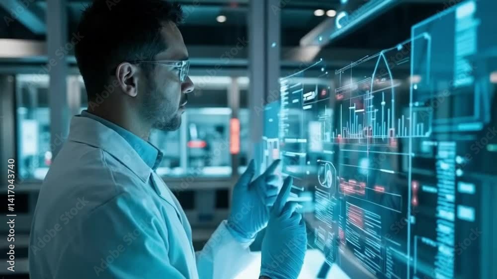 A man in a lab coat is staring at a computer screen with a blue screen. Smooth repetitive motion for background video animation. A man in a lab coat is staring at a computer screen with a blue screen. Smooth repetitive motion for background video animation.