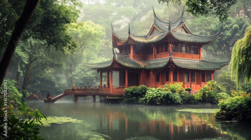 Fototapeta premium Misty Chinese Pavilion