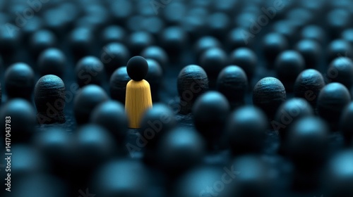 Unique Figure in Yellow Standing Out Amongst Abstract Black Silhouettes in a Mysterious and Artistic Setting