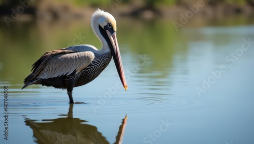 Brown pelican wades shallow salt marsh, hunting fish , ecosystem, coast, wingspan
