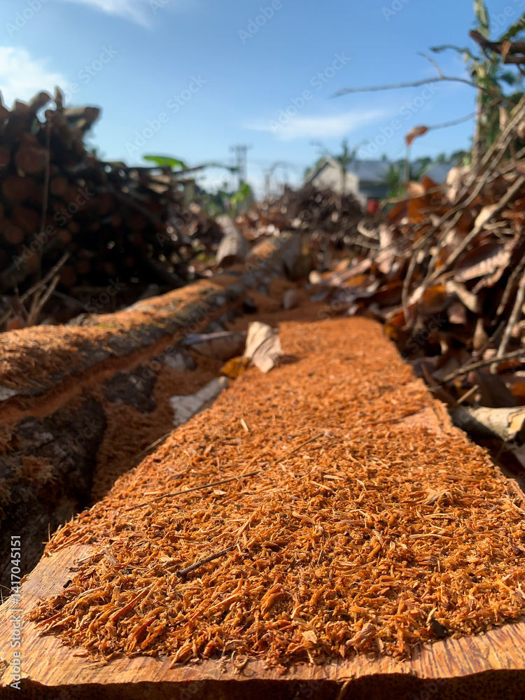 Fototapeta premium Close-up of a freshly cut log with wood shavings, surrounded by branches and stacked timber under a clear blue sky.