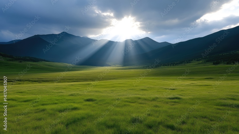 Fototapeta premium Radiant sunlight breaks through clouds over a vast meadow, surrounded by mountains