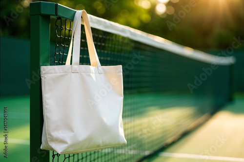 Blank Tote Bag Hanging on Tennis Court Fence Outdoors