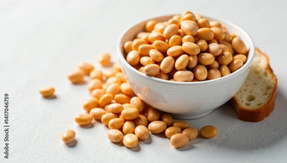 White ceramic bowl, spilled beans, sliced bread , food, snack, home White ceramic bowl, spilled beans, sliced bread , food, snack, home