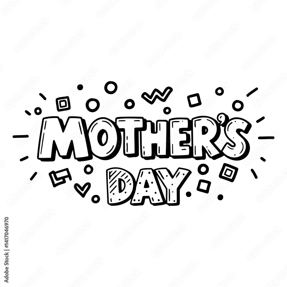 Fototapeta premium Bold, playful Mother's Day lettering with whimsical, doodle-style graphic elements. Suitable for advertising, greeting cards, or editorial related to mothers, family, or holidays.