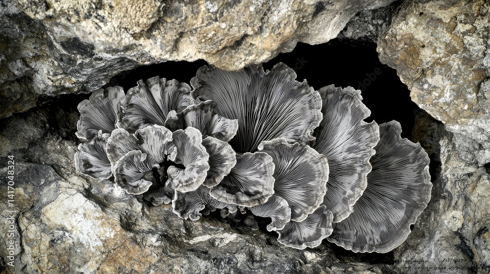 Obraz premium Grey fungi cluster in a rock crevice.