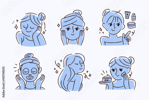 Skincare concept upper body illustration. A woman applying cosmetics and using a mask pack.