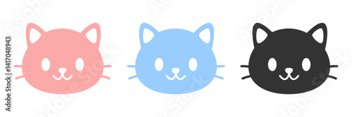 Vector set of cute cat head icons in pastel pink, blue, and black. Front and back views of hand drawn cartoon pet faces in minimalist style. Flat animal design elements.