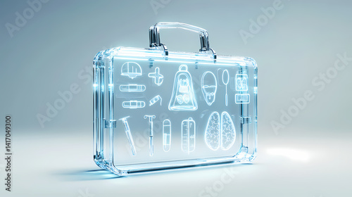 Digital Medical Kit: A transparent suitcase glows, revealing intricately rendered medical tools within, symbolizing innovation, technological advancement, and precision in the medical field.