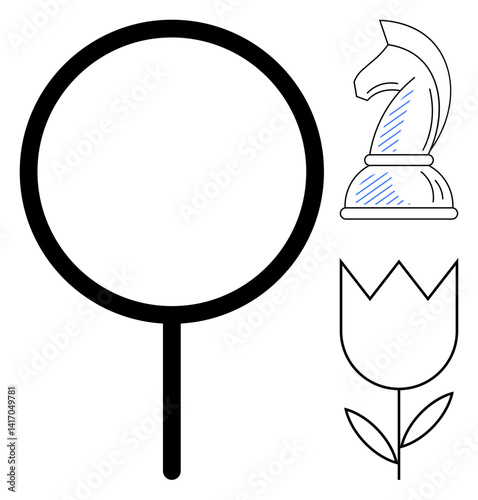 Bold magnifying glass, chess knight, and stylized tulip shape hinting at themes of focus, strategy, growth. Ideal for business, leadership, creativity, innovation exploration education progress