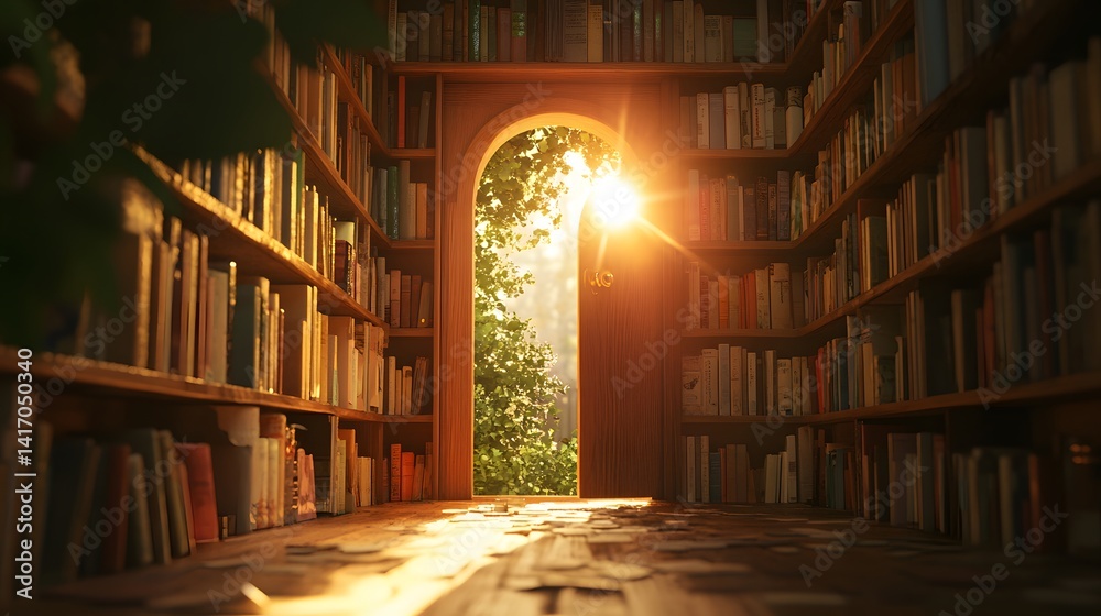 Sunlit doorway to library garden Sunlit doorway to library garden