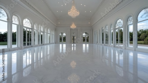 Grand  spacious  elegant ballroom with large windows overlooking a lush landscape.  Polished marble floors reflect the light