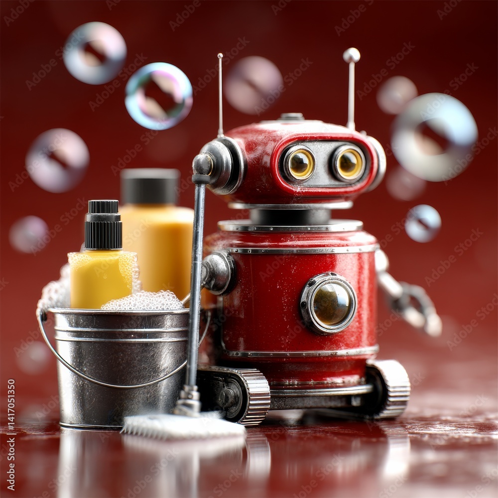 A Cleaning Robot Ready to Work: A Retro-Style Android with a Bucket, Soap, and Mop, Preparing to Clean with Bubbles.