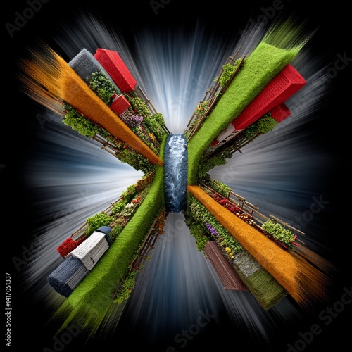 Abstract X-Shaped Landscape with River, Meadows, Gardens, and a Dynamic Bursting Light Effect on a Black Background