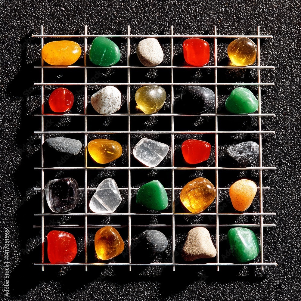 Assorted Tumbled Stones Displayed in a Wire Grid on Dark Textured Background, Gemstones arranged by Color and Transparency