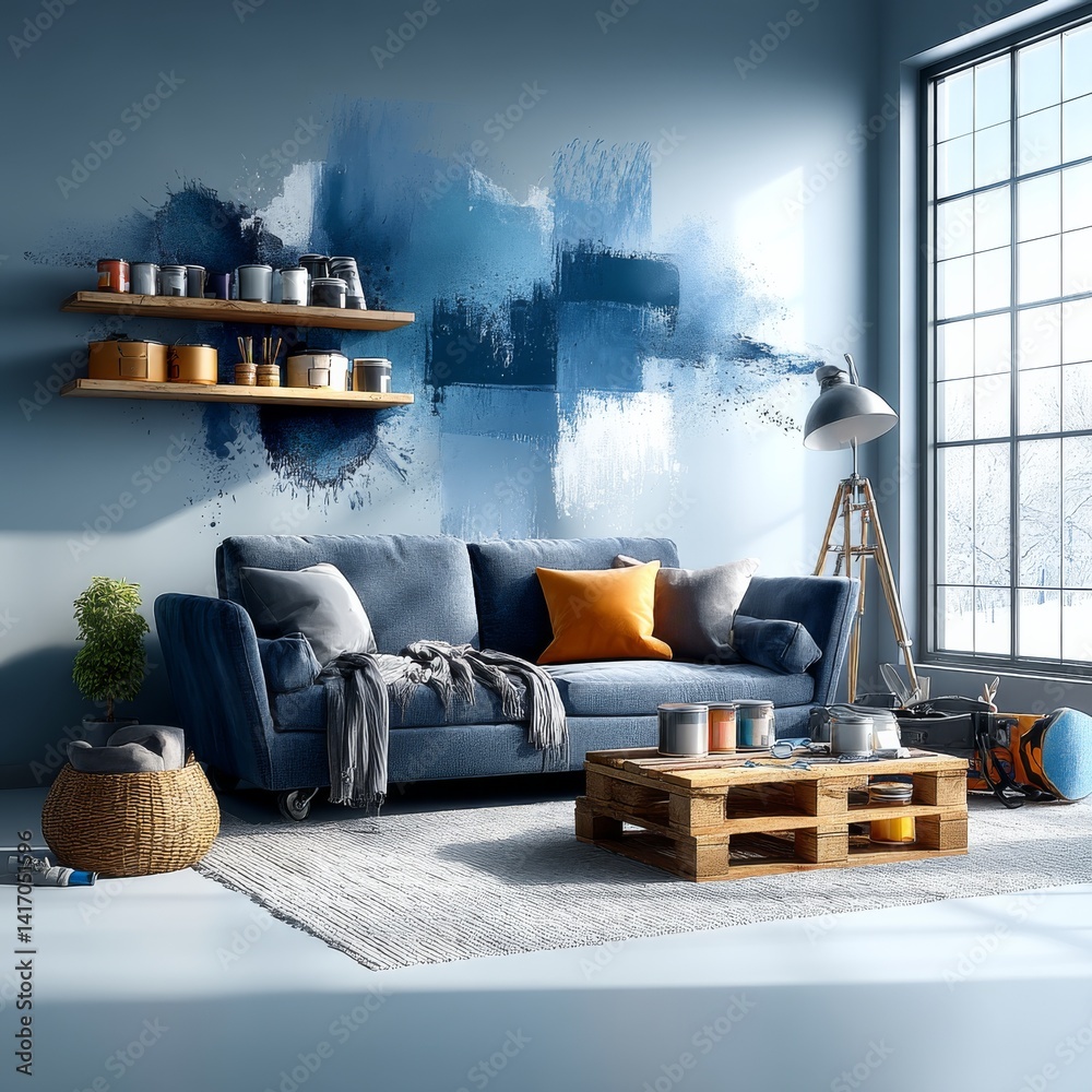 Artistic Blue Interior: Modern Living Room with Abstract Wall Painting and a Pallet Coffee Table, Showcasing Creativity